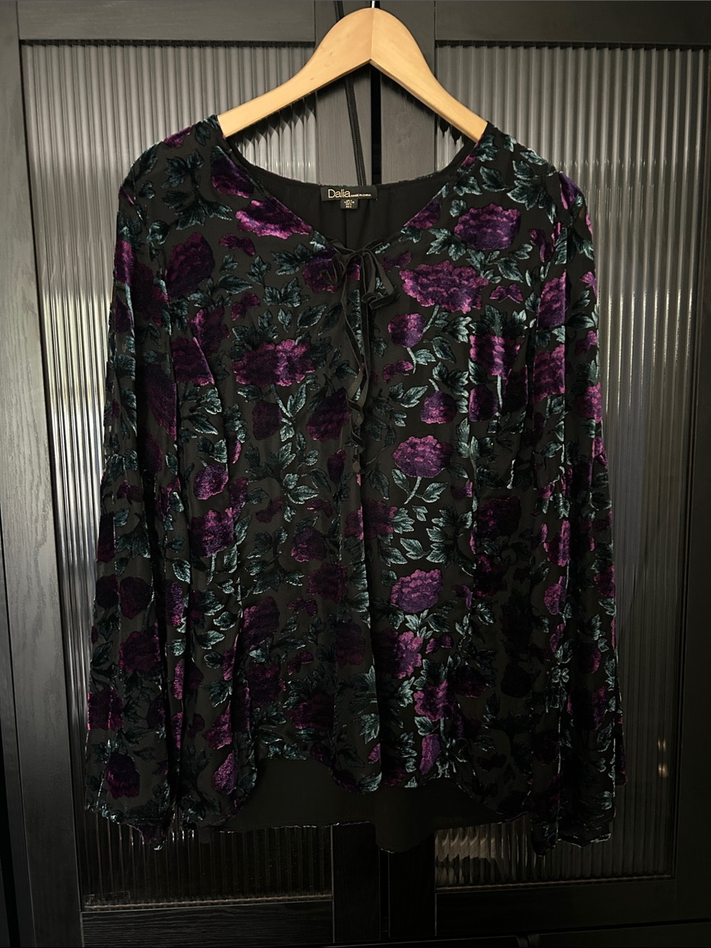 Dalia Black Blouse with Purple Floral Burnout Velvet